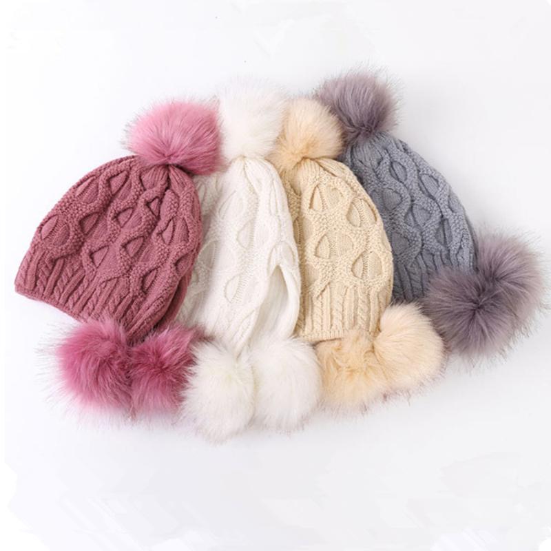 Beanie/Skull Caps Women Hats Autumn Winter Wool Beanies Hat Three Hair Ball Back Open Knit Double Thick Fur Bonnet Beanie Cap