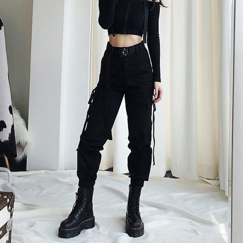 Spring Women BLACK Army Cargo Pants Unisex Hip Hop Sashes Trousers BF Harajuku Joggers High waist overalls loose casual Pants 201113