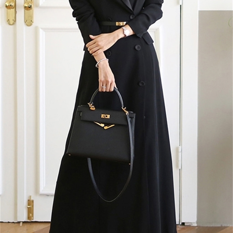 New Autumn Winter Office Lady Runway Women Long Trench Coat Notched Collar Wrap Black Maxi Outwear 201211