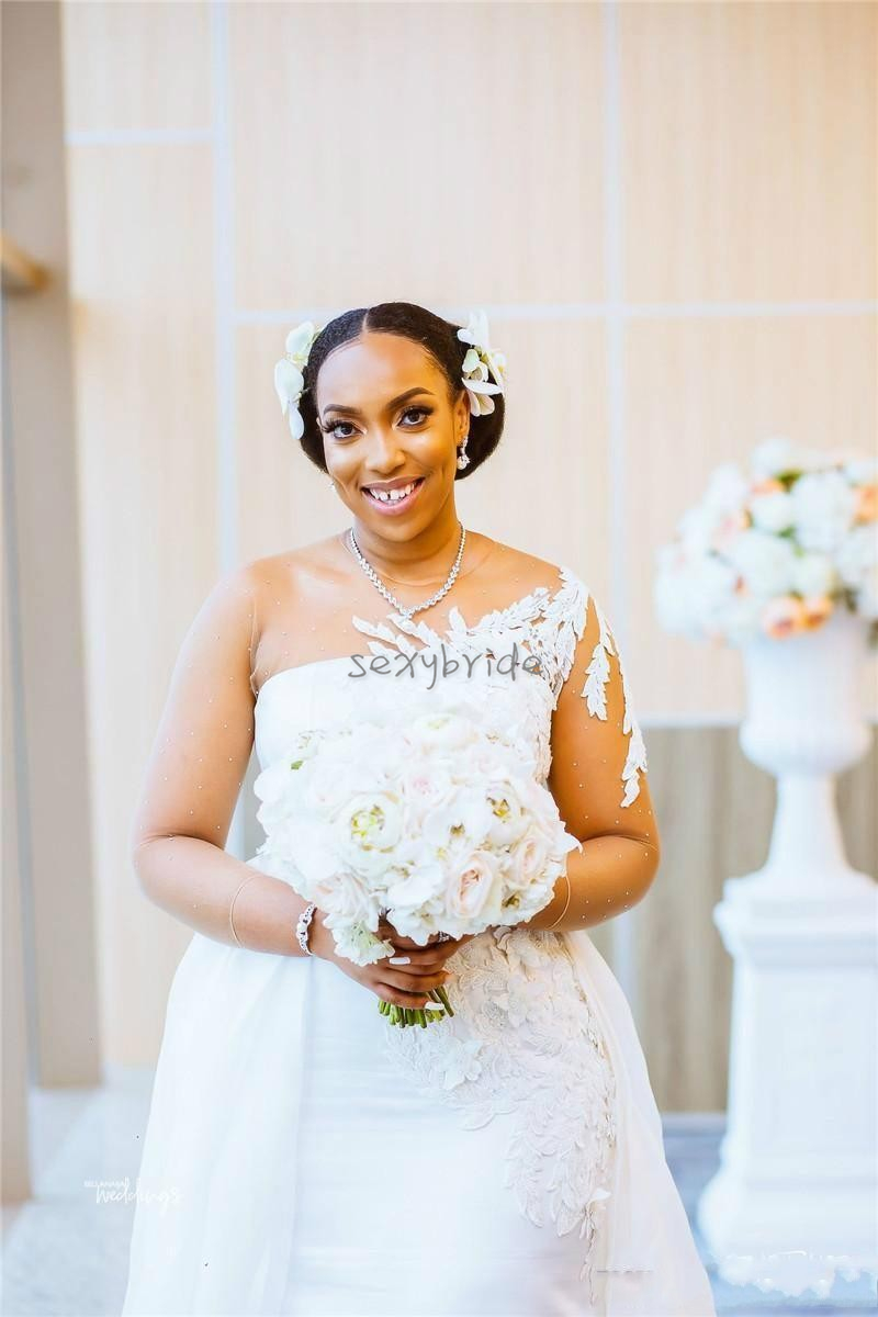 South Sexy African Satin Mermaid Wedding Dresses With Detachable Train Appliques Lace Sheer One Shoulder Long Sleeve Plus Size Bridal Gowns
