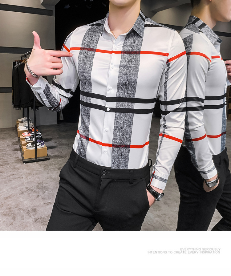 Business Casual Plaid Shirt Men's Formal Workwear Wedding Dress Slim Social Party Clothes Khaki Checked Shirt