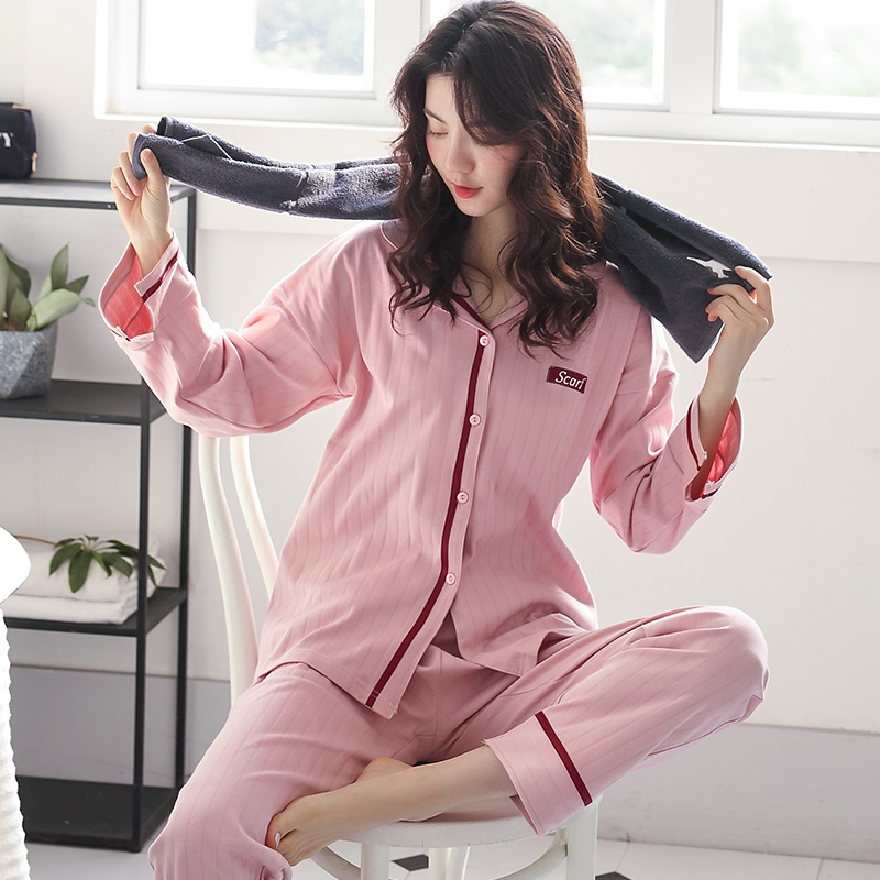 100% Cotton Pajamas for Women Korean PJ Full Sleeves Pijama Feminino Button-Down Winter Sleepwear Ladies Pink Pyjama Femme Hiver 201027