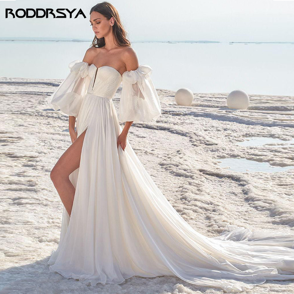 Boho Wedding Dresses Beach Long Puffy Sleeves Chiffon Sweetheart Neck Wedding Gown Sweep Train Custom Made Split Bridal Gown, White
Boho Wedding Dresses Beach Long Puffy Sleeves Chiffon Sweetheart Neck Wedding Gown Sweep Train Custom Made Split Bridal Gown, White