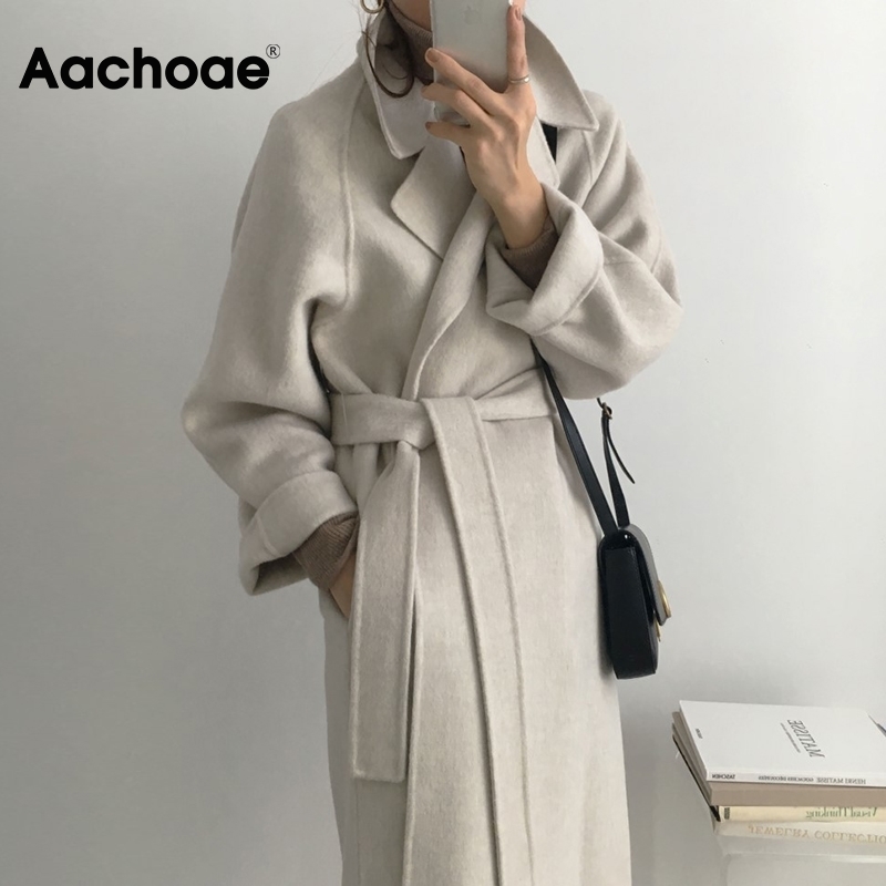 Aachoae Women Elegant Long Wool Coat With Belt Solid Color Long Sleeve Chic Outerwear Ladies Overcoat Autumn Winter 201112