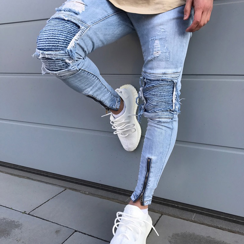New Mens Hip Hop Ripped Jeans 2020 Destroyed Hole Skinny Biker Jeans Zipper Decorative Light Blue Denim Pants
New Mens Hip Hop Ripped Jeans 2020 Destroyed Hole Skinny Biker Jeans Zipper Decorative Light Blue Denim Pants