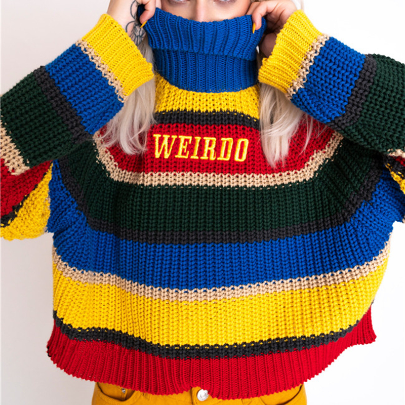 Harjuku Contrast Stripes Roll Turtle Neck Knitted Jumper Turtleneck Sweater with Embroidery WEIRDO Oversized Top For Women / 201221