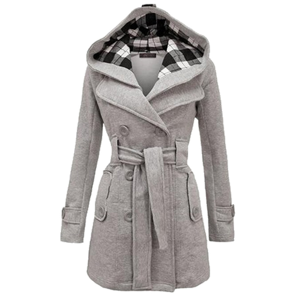 YMING Women Wnter Double Breasted Pea Long Sleeve Coat Mid Length Outwear Trench Check Hood Coat 201027