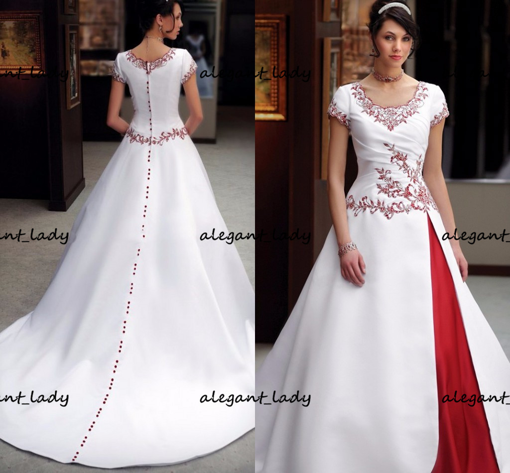 Vintage White And Red Stain Wedding Dresses 2021 Two Tone Lace Embroidery Buttons Cap Sleeve Bride Gown Vestidos De Novia