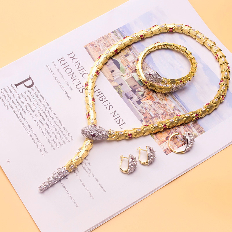 Luxury Fashion Lady Brass Diamond Zircon Red/Green Eyes Snake Serpent 18K Plated Gold Necklaces Chokers Bangle Earrings Rings Jewelry Sets, Mixed colors
Luxury Fashion Lady Brass Diamond Zircon Red/Green Eyes Snake Serpent 18K Plated Gold Necklaces Chokers Bangle Earrings Rings Jewelry Sets, Mixed colors