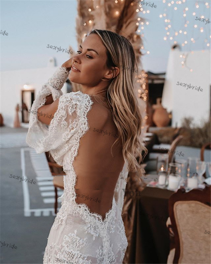 Elegant Full Lace Wedding Dresses Bride Gown Boho Long Puff Sleeve Country Sexy Backless Beach Charming Wedding Dress 2023 Bridal Gowns