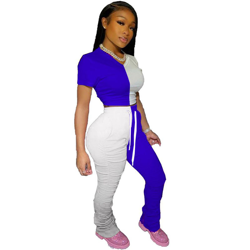 HAOYUAN Splice Two Piece Set Summer Outfits for Women Tracksuit Crop Top and Stacked Pant Lounge Wear Matching Sets Sweat Suits T200603