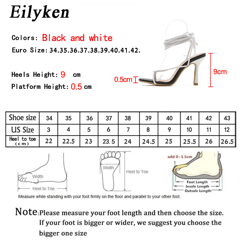 Eilyken Fashion Sexy Lace Up Women Sandals Square Toe Thin Heel Cross Tied Party Shoes High Heel 9CM Black White Size 35-42 220506