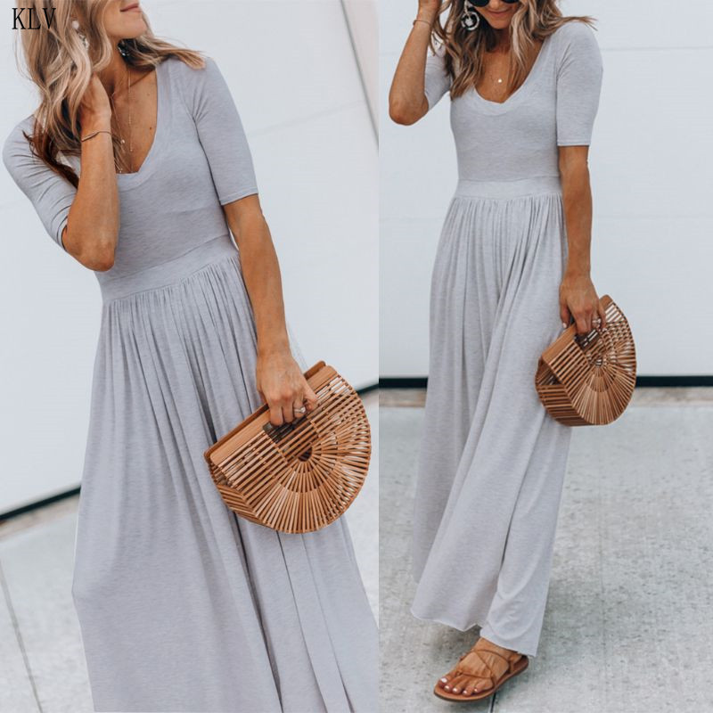 Women Vintage Short Sleeve Jumpsuit Summer O Neck Long Wide Leg Solid Overall Jumpsuits Romper T200509
