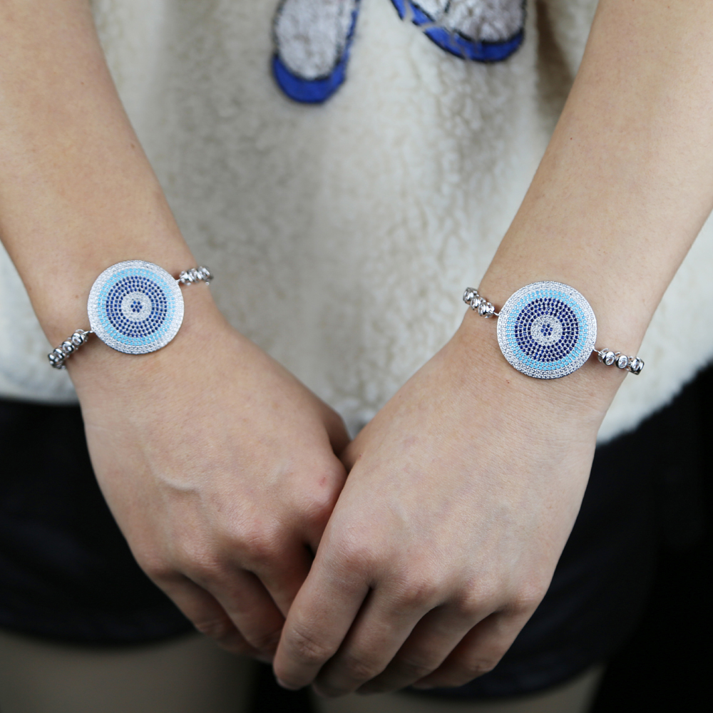 Wholesale Large Round Evil Eye Bracelet Bangles with Colorful Blue Cz Paved Women Tennis Chain Bracelet for Women Wedding Jewelry