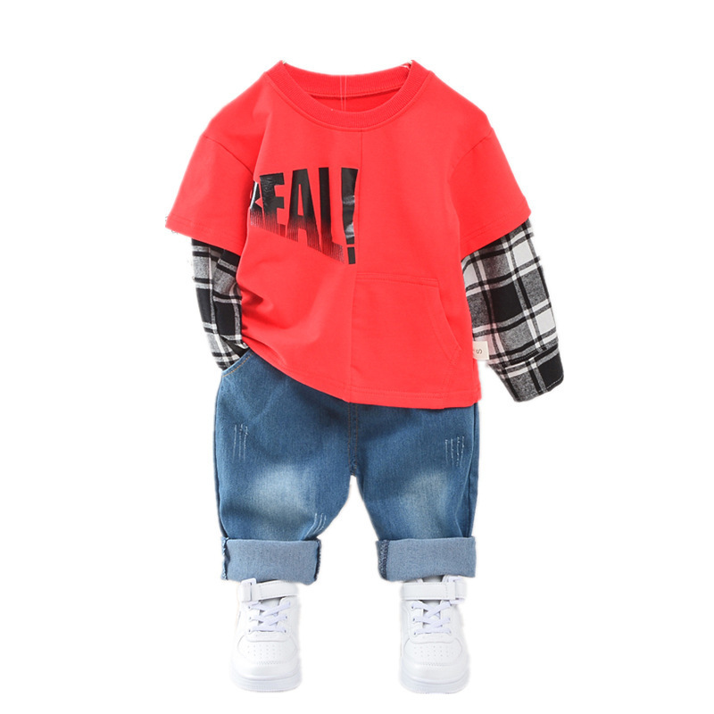 Boys and girls letter printing block two sets of spring and autumn new round neck Pullover Sweater long sleeve jeans twoX1019