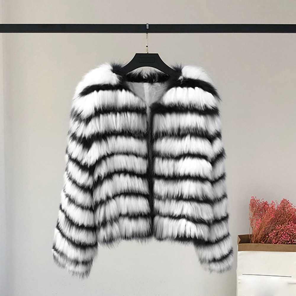 Fashion Women Black And White Stripe faux fur coat long sleeve O-Neck fur jacket Warm Casual outerwear Winter Overcoat Outercoat 201019