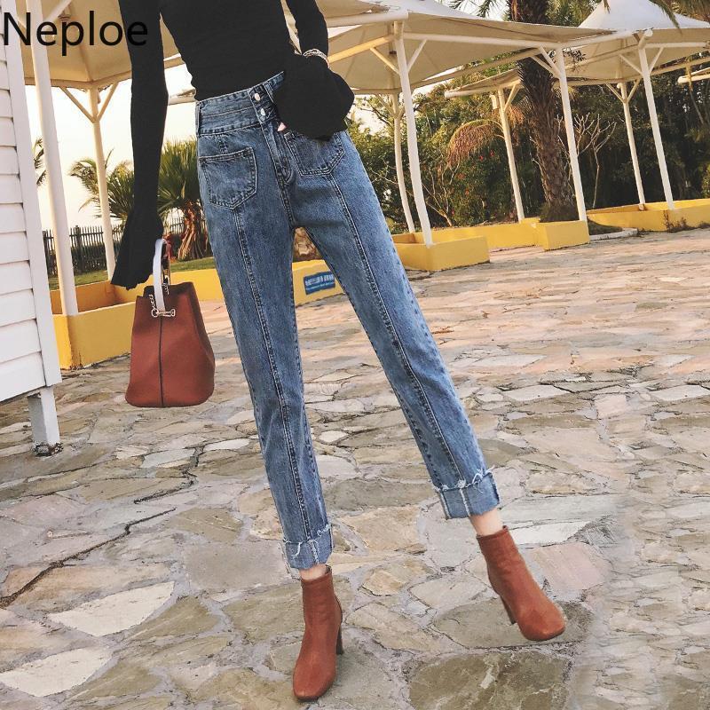 Neploe Jeans Denim Solid Lady Elegant Wide Leg Pant Anklelength High Waist Women Trousers Large Size Bottoms Basic 1A077 201105