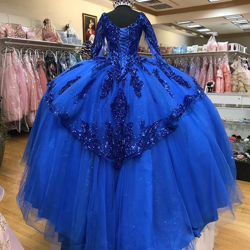 vestidos de xv años Royal Blue Sequins Quinceanera Dresses Long Sleeves Corset Sequined Ball Gown Sweet 16 prom Dress