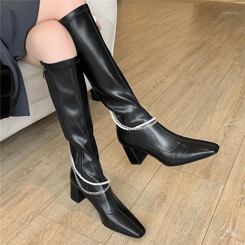 2020 Autumn Winter Suqare Toe Chunky Heels Women Long Boots Low Platform Pearl Chain Crystal Chain Decor Women Knee High Boots1, Black
2020 Autumn Winter Suqare Toe Chunky Heels Women Long Boots Low Platform Pearl Chain Crystal Chain Decor Women Knee High Boots1, Black
