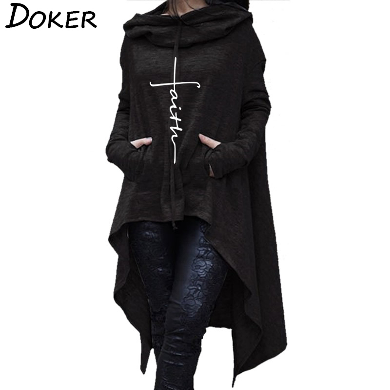 New Faith Letter Embroidered Long Hoodies Women Long Sleeve Irregular Hem Pocket Sweatshirt Female Plus Size Pullover Tops 200930