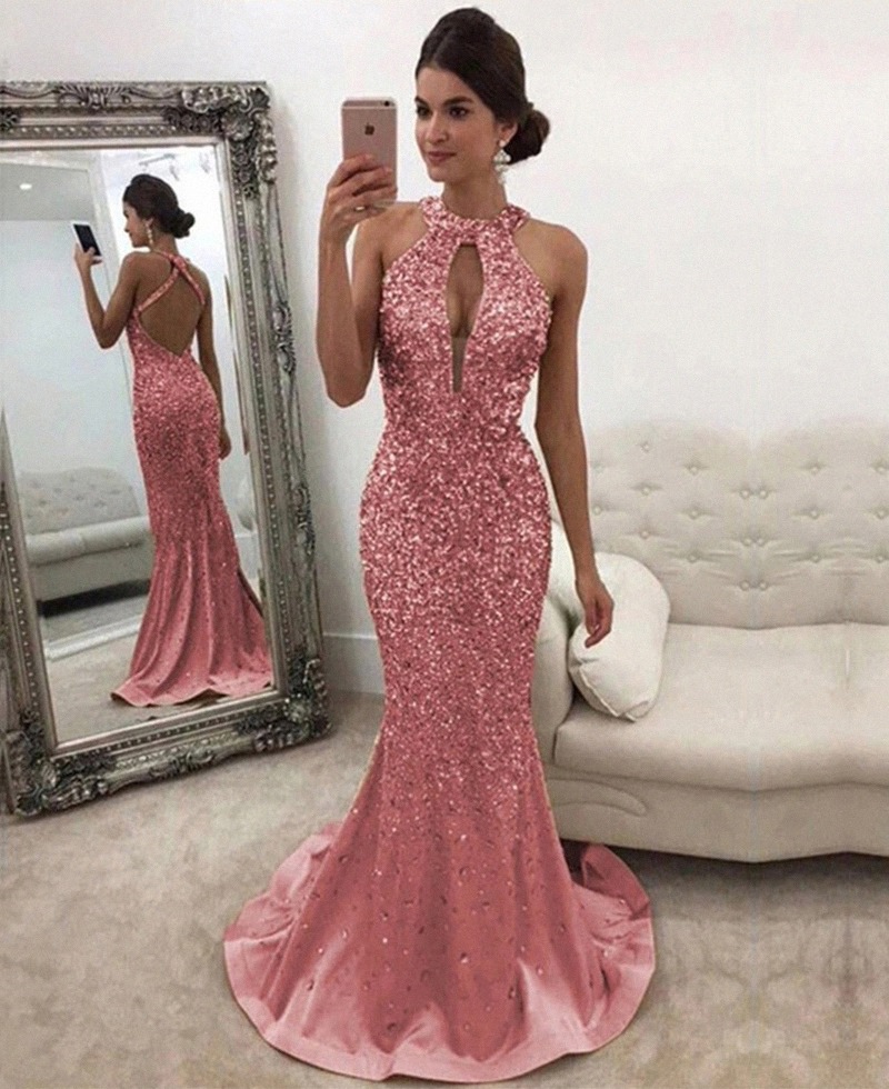 2022 Sexy Arabic Silver Gold Evening Dresses Wear Jewel Neck Keyhole Crystal Beading Mermaid Satin Open Back Sweep Train Formal Party Dress Prom Gowns