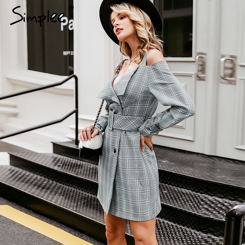 Vneck plaid sash belt women dress Spaghetti strap button office ladies dress Autumn winter female short party dress T200106