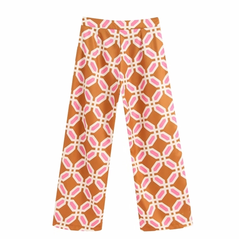 Women popular colorful geometric print straight pants femme leisure zipper Trousers office lady wear casual slim chic pants LJ201130