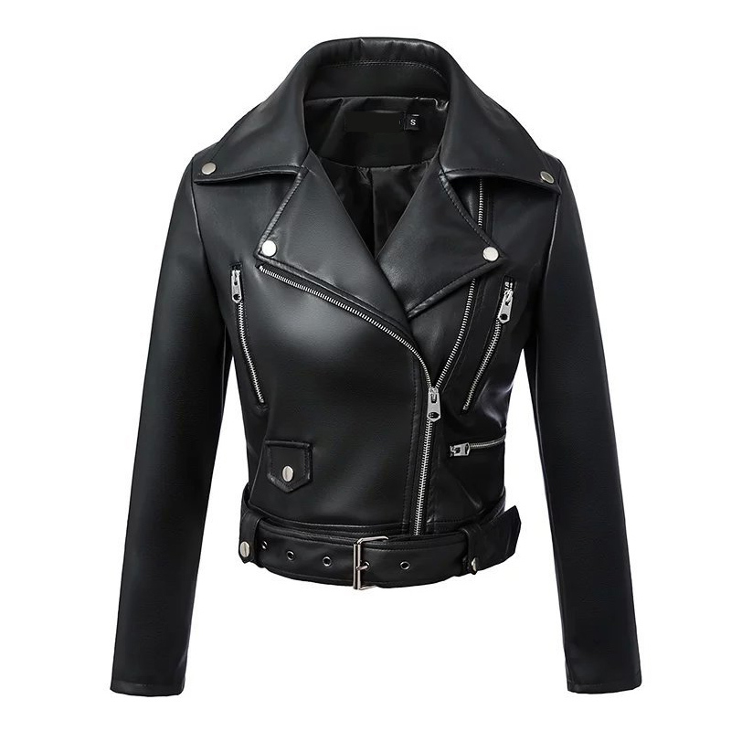 Ailegogo New Autumn Women Pu Leather Jacket Woman Zipper Belt Short Coat Female Motorcycle Black Faux Leather Outwear 201028