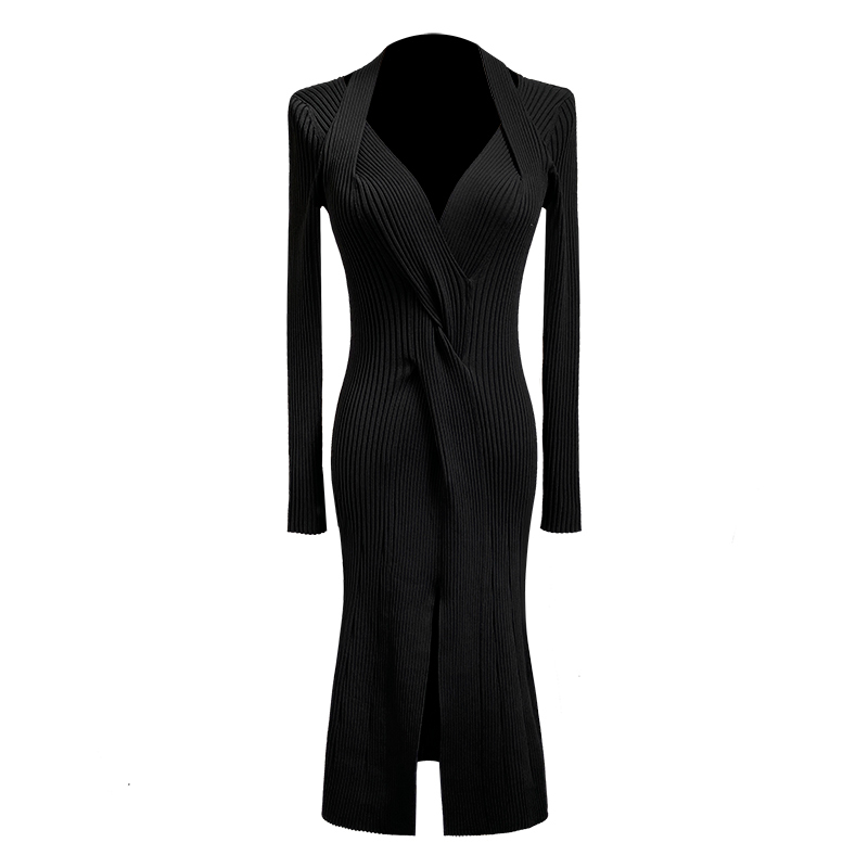 DEAT women sexy slim black kintted dresses Cross deep V-neck long sleeve vent hem stretch knitted dress famale124cm length J888 201125
