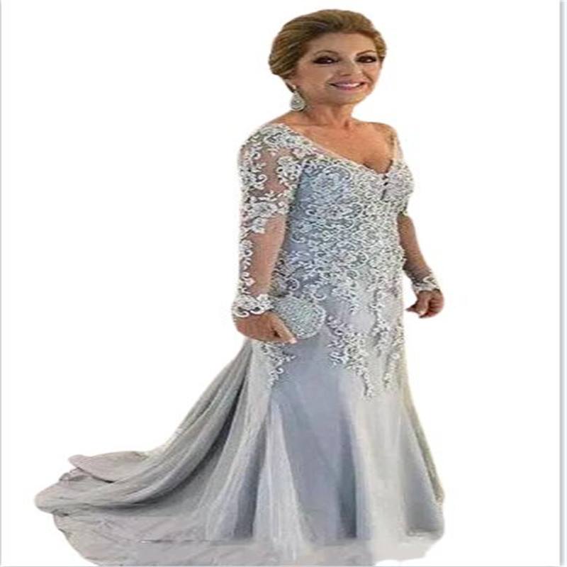 Mother of the Bride Dresses Long Sleeves V Neck Formal Groom Godmother Evening Wedding Party Guests Gown Plus Size Dress