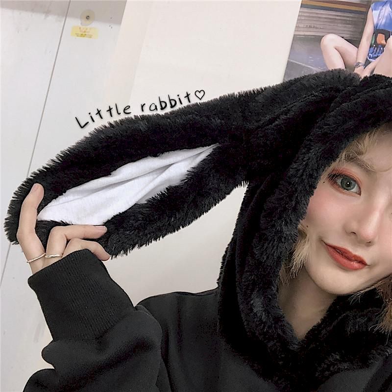 Oversize Balck Long Hoodies Women Sweatshirt Clothes Gothic Streetwear Loose Harajuku Hooded Rabbit Ear Hooded Pullovers 201007