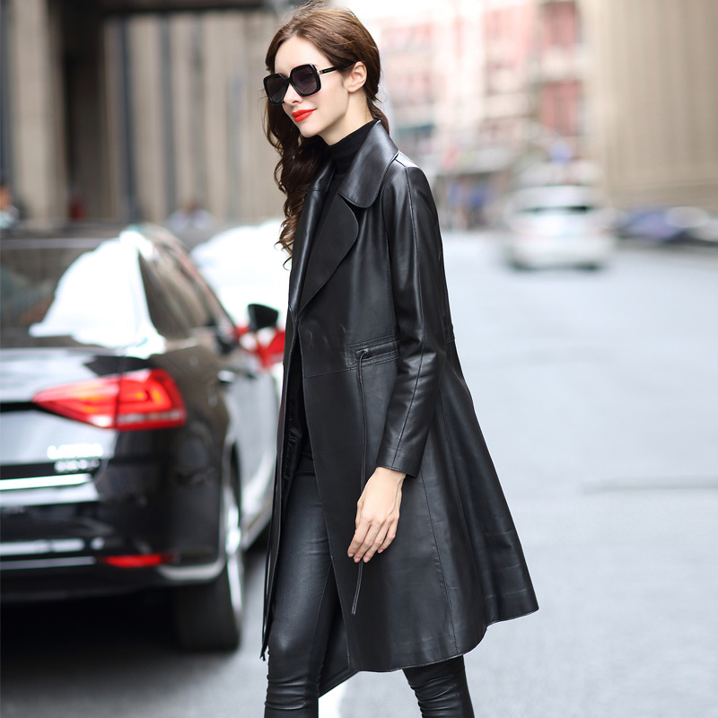Lautaro Long black faux leather trench coat women long sleeve plus size leather jackets for women spring womens clothes 7xl 201020