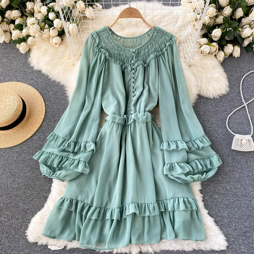 Spring Autumn Purple/Yellow/Blue Chiffon Dress Women Elegant O-Neck Draped Ruffle Vestidos Female Puff Long Sleeve A-Line Robe 2022