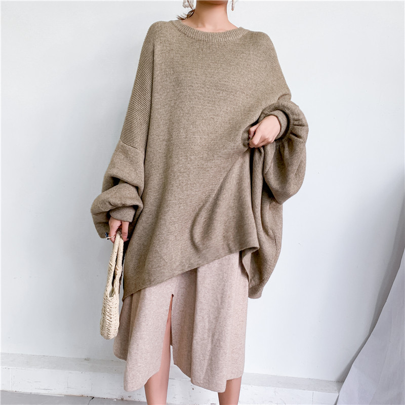 [EAM] Oversized Gray Knitting Sweater Loose Fit Round Neck Long Sleeve Women Pullovers New Fashion Autumn Winter 1Y190 201222