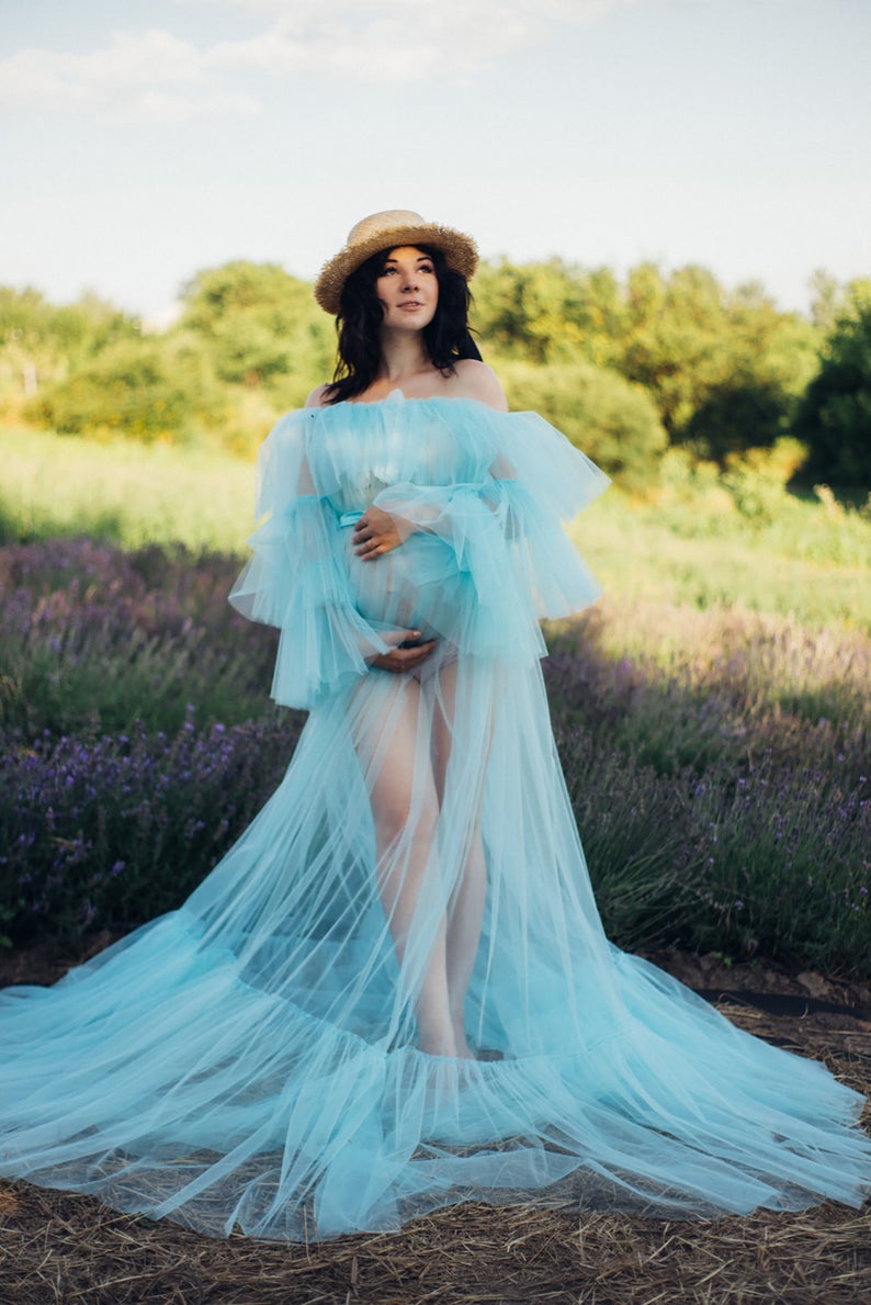 Sky Blue Illusion Ruffles Bathrobe Sleepwear Bridal Long Nightgowns Luxury Lingerie Birthday Party Wedding Gowns Shower Robes