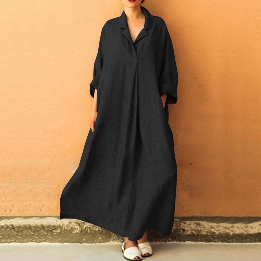 5xl Women Loose Large Size Dresses Shawl Collar Shift Long Sleeve Basic Solid Shirt Dress Autumn Female Maxi Dresses Elegant T200319