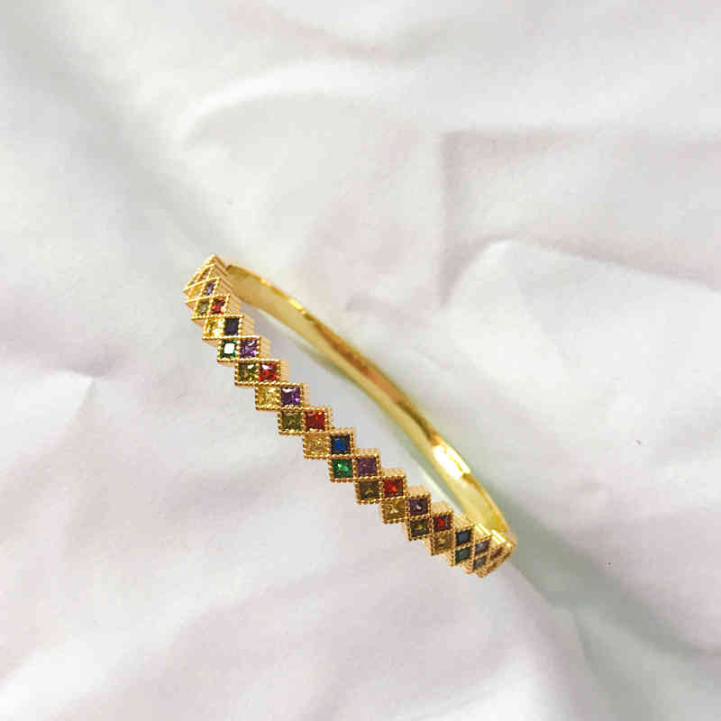 Adjusted Gold Filled Rainbow Baguette Cz Bangles for Women Gilr Colorful Cubic Zirconia Bracelet Fashion Crystal Jewelry