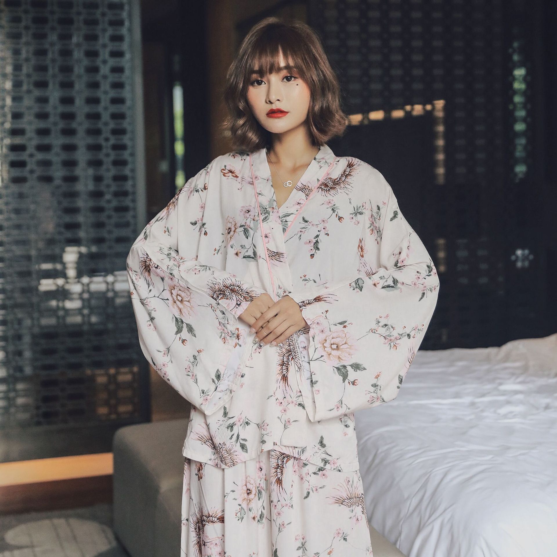 New Spring Summer Women Cotton Pajamas Set Flowers Kimono Shirt + Pants Pajamas Sleepwear Thin Pyjamas Home Clothing Pijama 210203