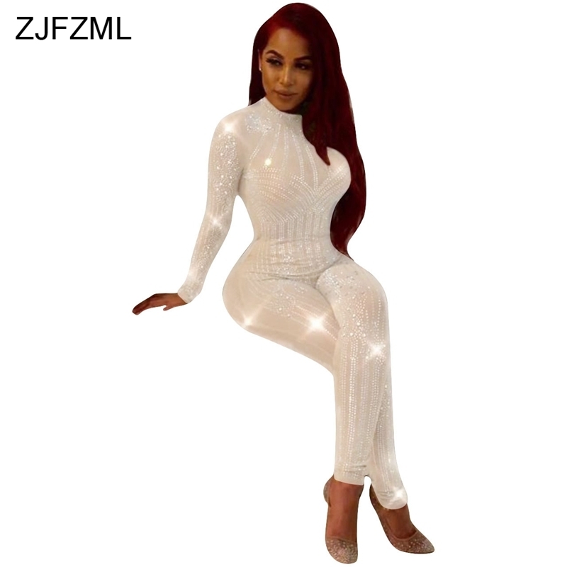 ZJFZML Mesh Patchwork Sexy Skinny Jumpsuit Shiny Rhinestone Black Full Sleeve Romper Elegant O-Neck Perspective Casual Overall T200107