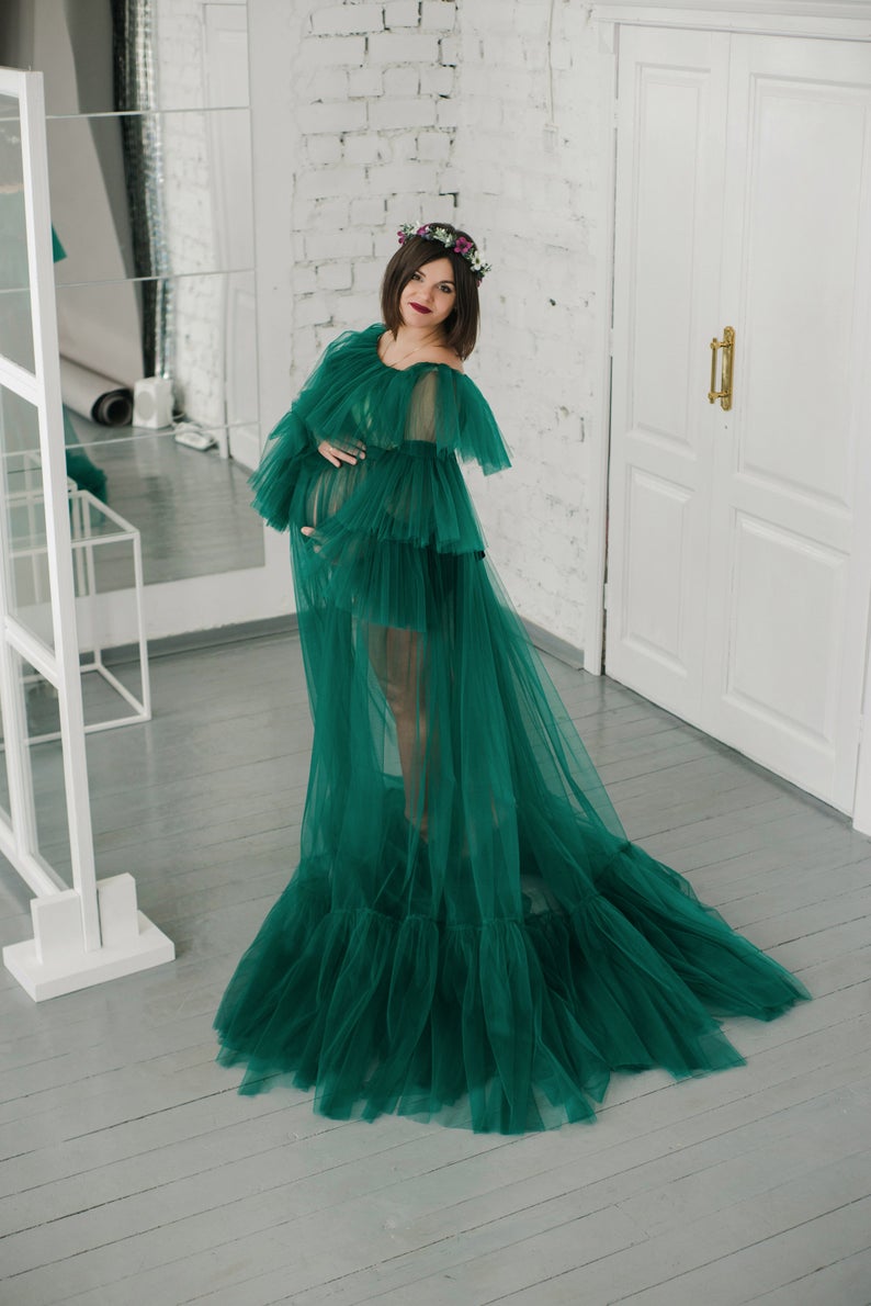 Dark Green Tulle Ladies Ruffles Bathrobe Sleepwear Bridal Long Nightgowns Women Birthday Party Wedding Gowns Shower Robes