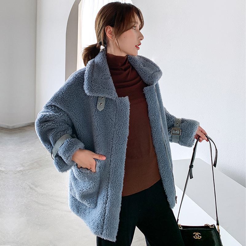 HStar Women Autumn Winter Real Lamb Fur Sheepskin Coat Genuine Granular Sheep Shearing Jacket Female Casual Warm Outerwear 201028