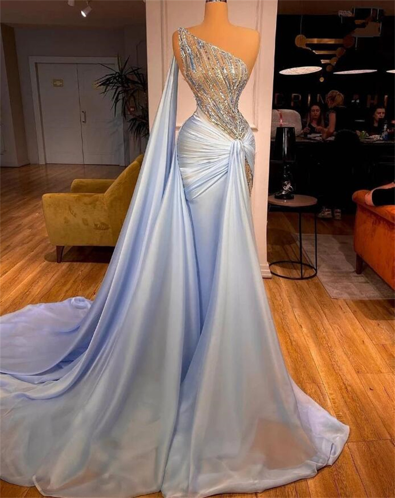 Crystal Light Blue Mermaid Prom Dresses Beaded Evening Dress Custom Made One Shoulder Ruffles With Wrap Celebrity Party Gown