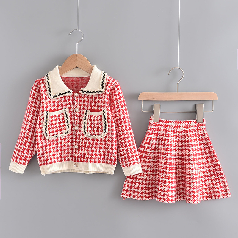 Girl's Long Sleeve Turn-Down Collar Brife Style with Pockets Sweaters+Skirts 2PCS Clothing Sets Casual Fashion Dressing SetsX1019