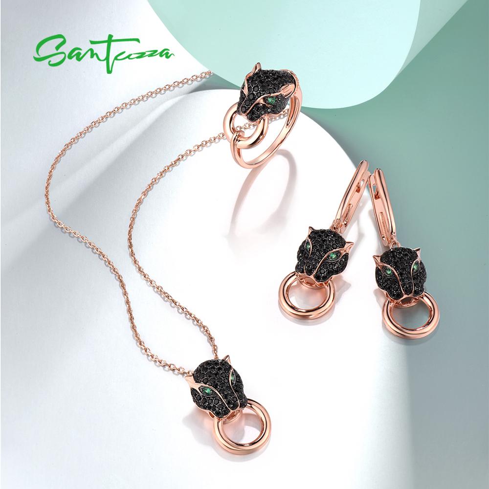 Jewelry Set For Women 925 Sterling Silver Trendy Panther Ring Earrings Pendant Set Black Green Spinel Fine Jewelry