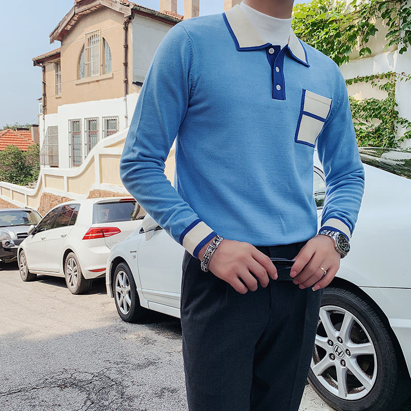 British Style Autumn Winter Sweater Men Fashion Front Pocket Long Sleeve Mens Casual Sweaters Turn Down Collar Pullovers 201026