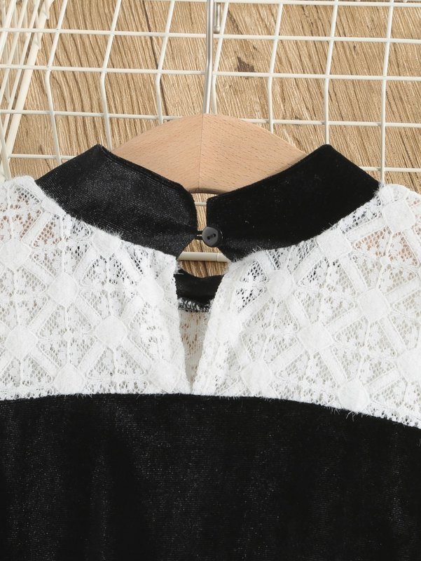 Girls Contrast Lace Keyhole Back Velvet Dress SHE