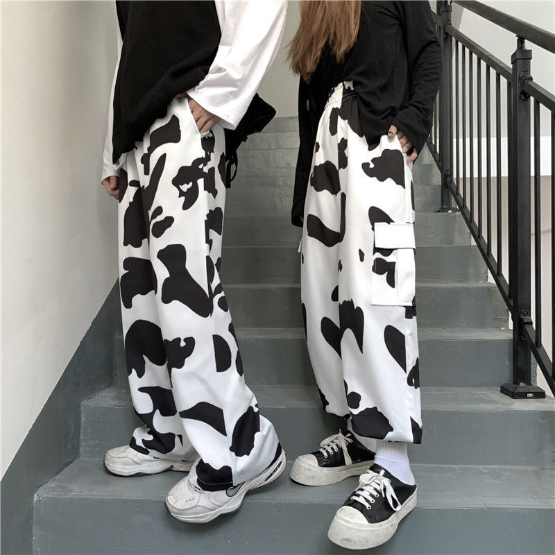 HOUZHOU Autumn Cow Print Pants Women Vintage Fashion Harajuku Palazzo Pants Loose Wide Leg Pants Straight Trousers Women Unisex 201106