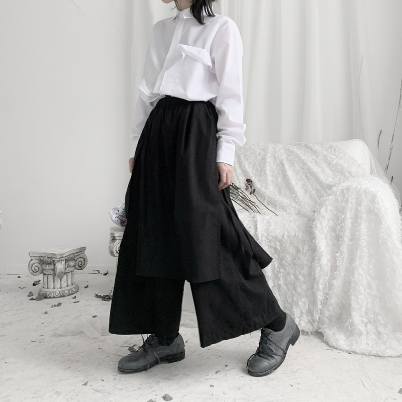 EAM High Elastic Waist Black Bandage Long Wide Leg Trousers Loose Fit Pants Women Fashion Spring Autumn 19A-a588 201228