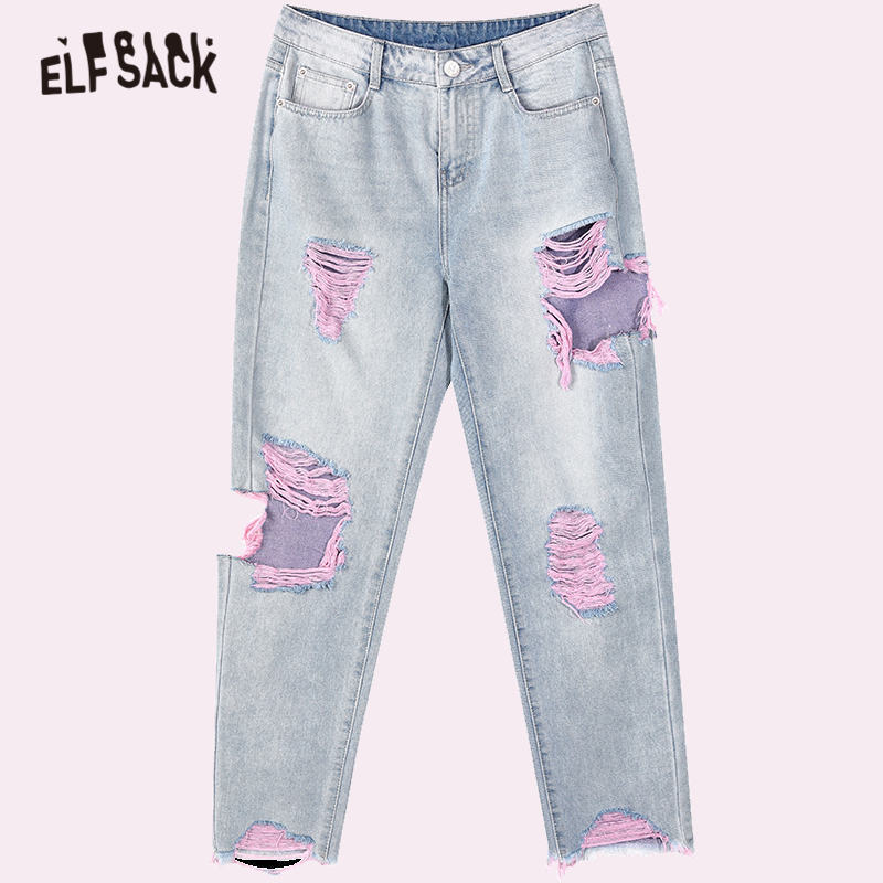 ELFSACK Blue Solid Ripped Hole Washed Straight Casual Denim Jeans Woman Autumn ELF High Waist Korean Ladies Daily Trousers 201029