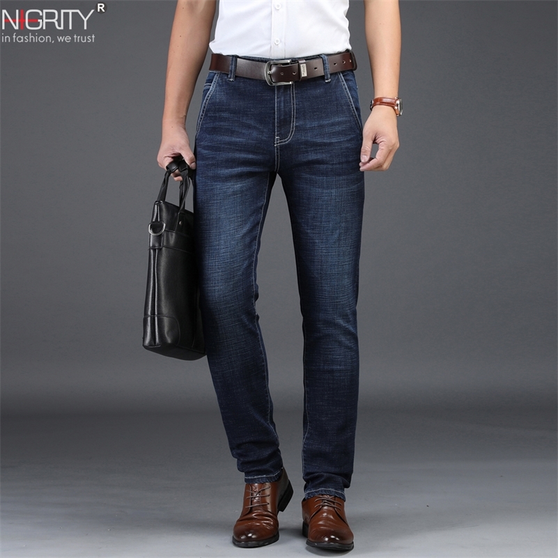 NIGRITY Mens Jeans Business Casual Straight Cut Black & Blue Jeans Stretch Denim Pants Trousers Classic Plus Big Size 28-42 201223